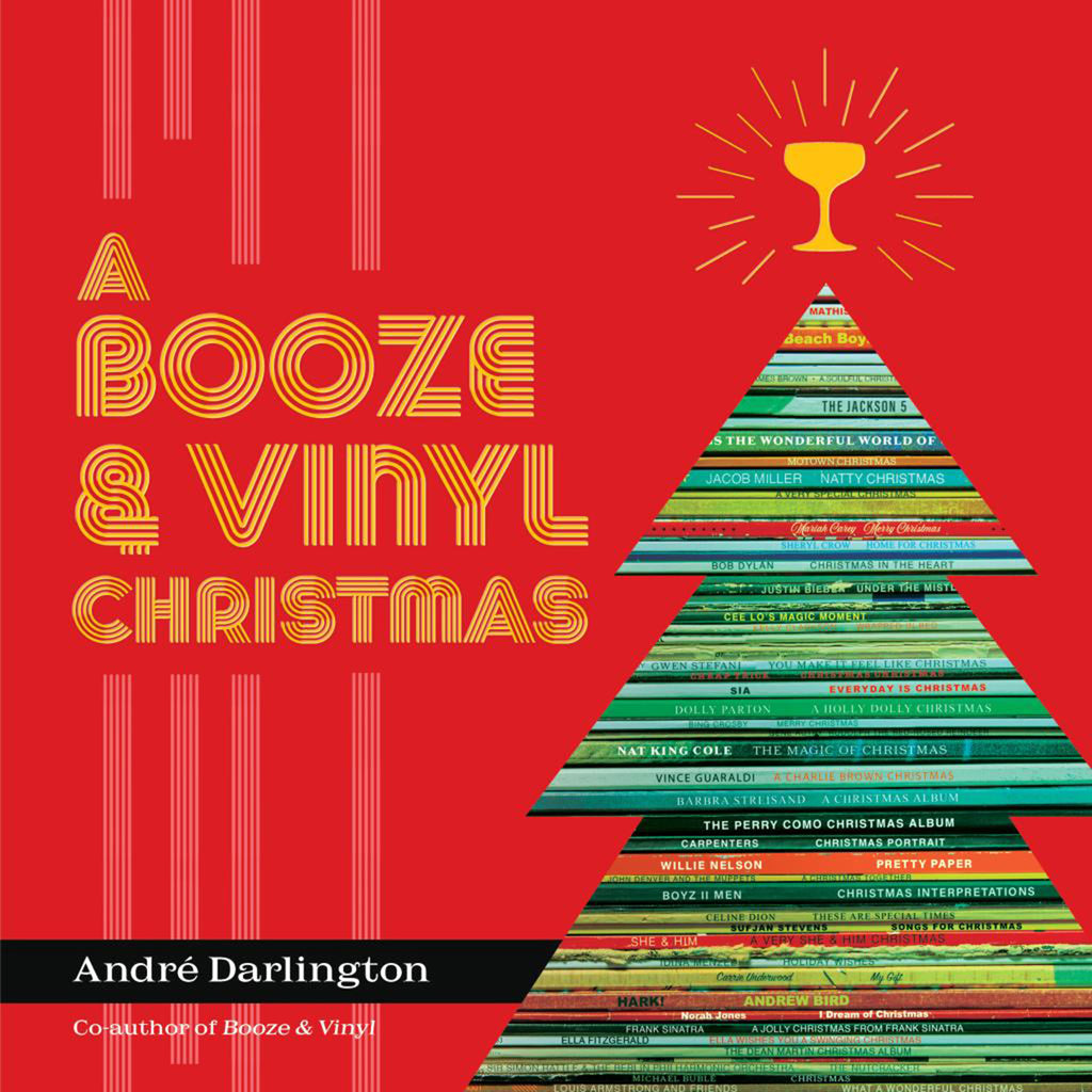 Hachette A Booze & Vinyl Christmas hardcover book front cover with vinyl album spines in tree shape cutout.