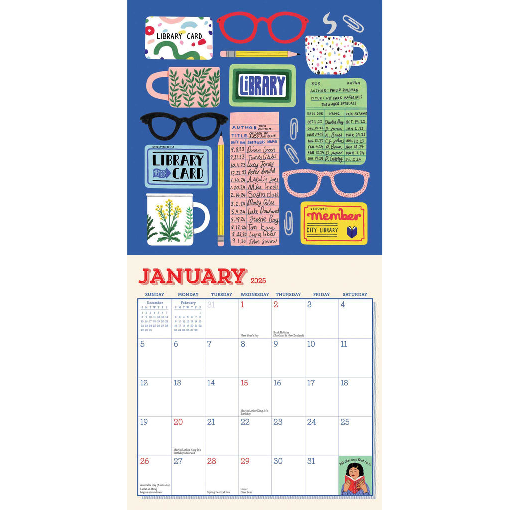 Hachette 2025 Book Nerd mini wall calendar for bibliophiles, january sample page.