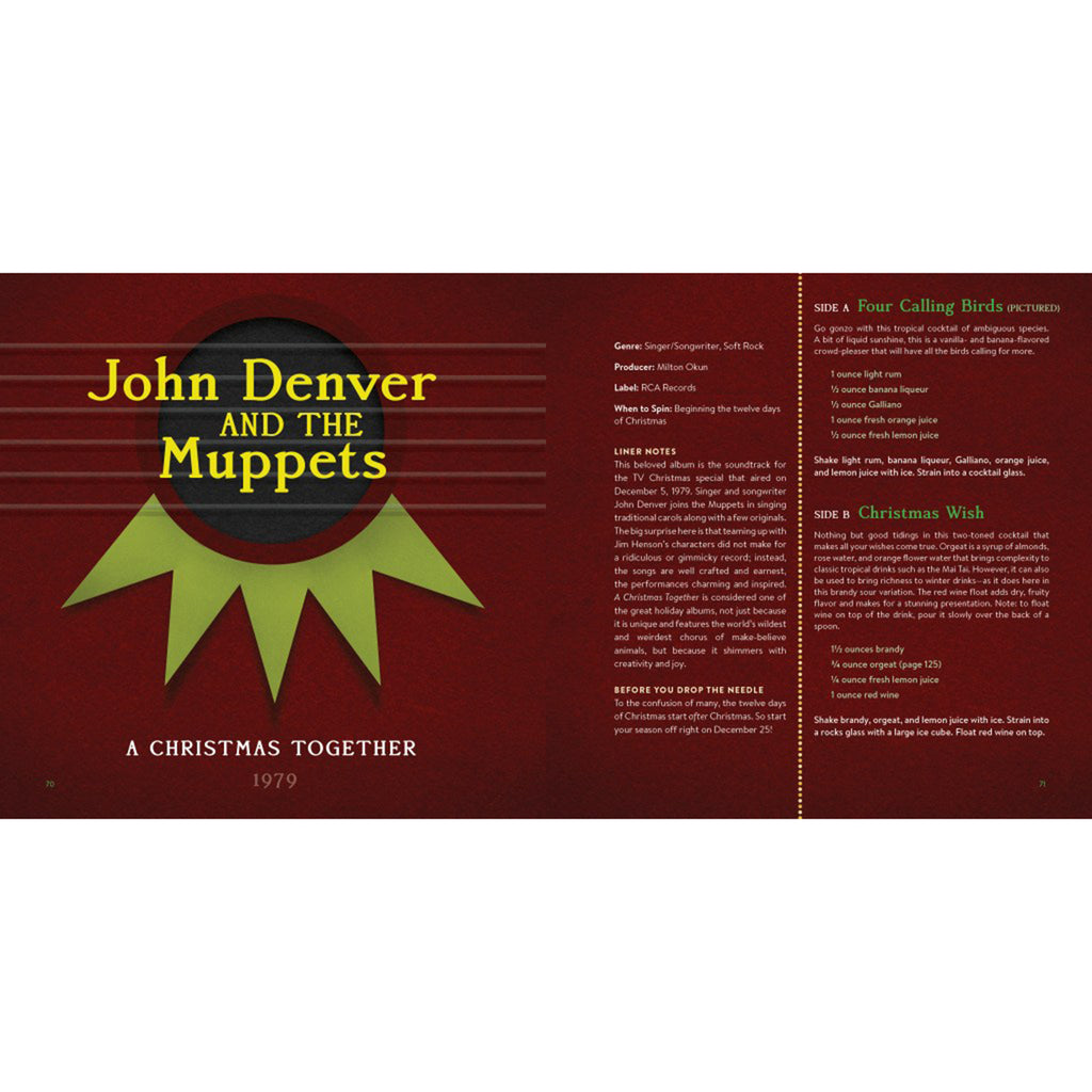 Hachette A Booze & Vinyl Christmas hardcover book, John Denver and the Muppets sample page.