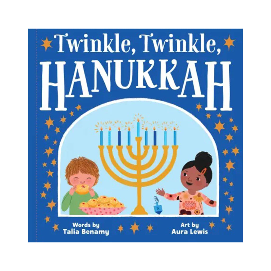 Book cover of 'Twinkle, Twinkle, Hanukkah' with children and a menorah on a blue background.