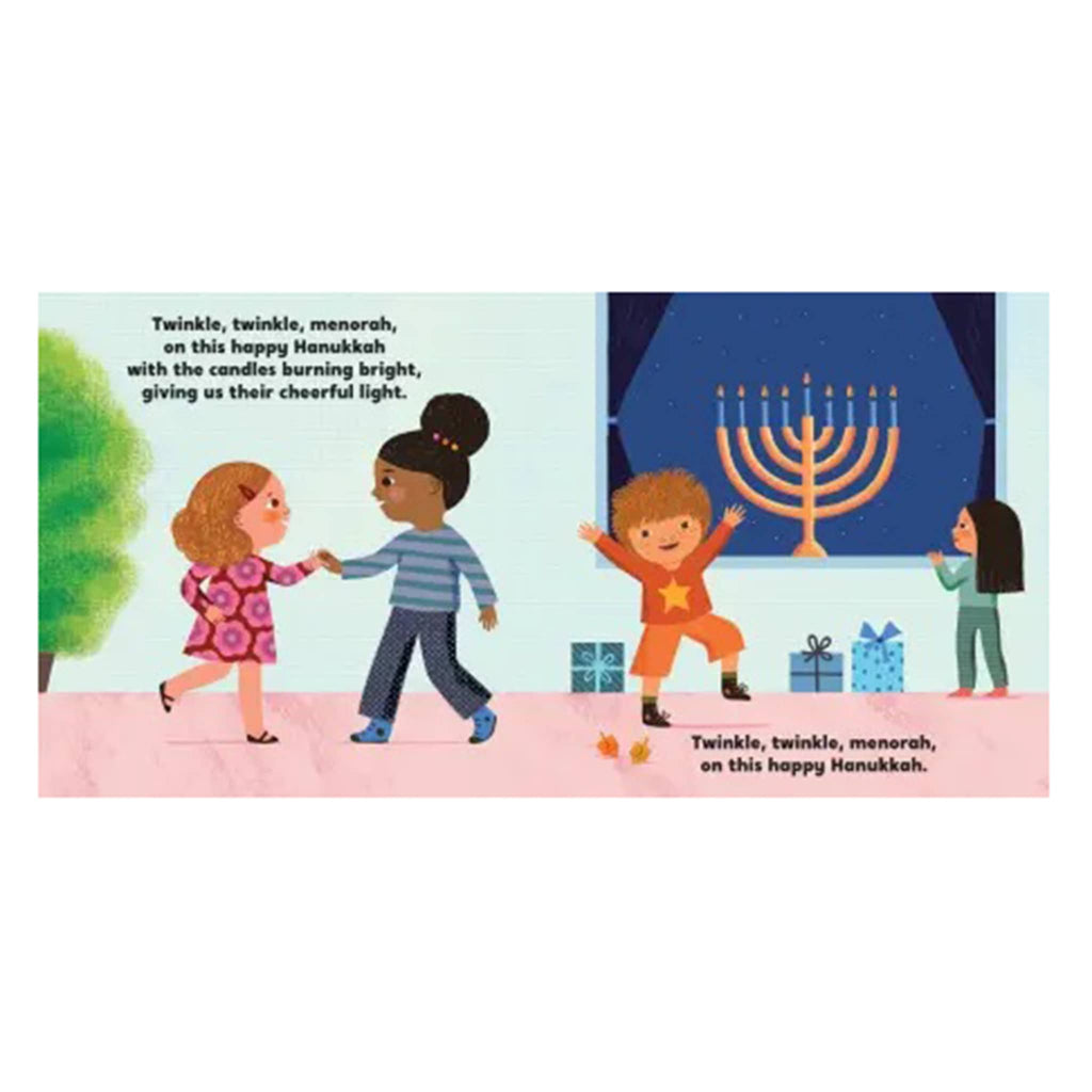 Illustration of children celebrating Hanukkah with a menorah, surrounded by gift boxes and a tree.