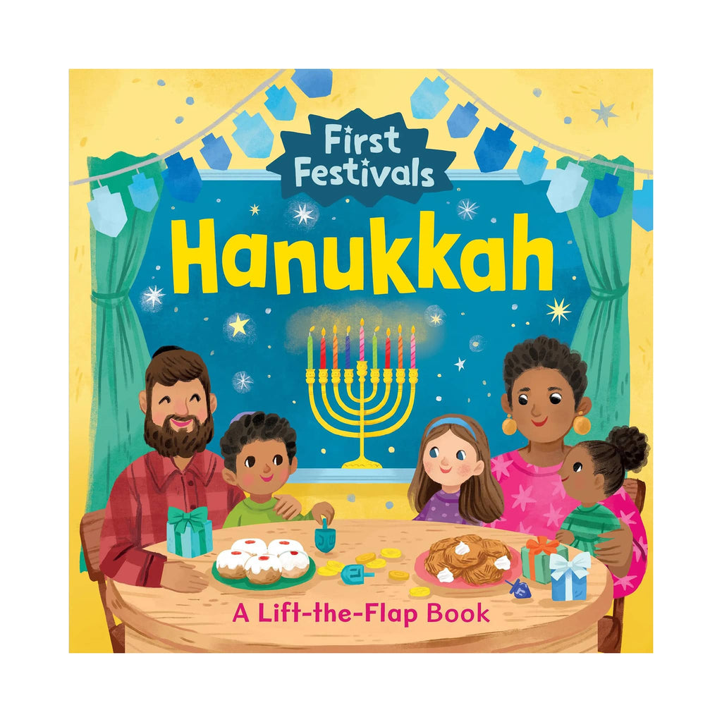 Book cover of 'First Festivals Hanukkah' with children around a table celebrating Hanukkah.