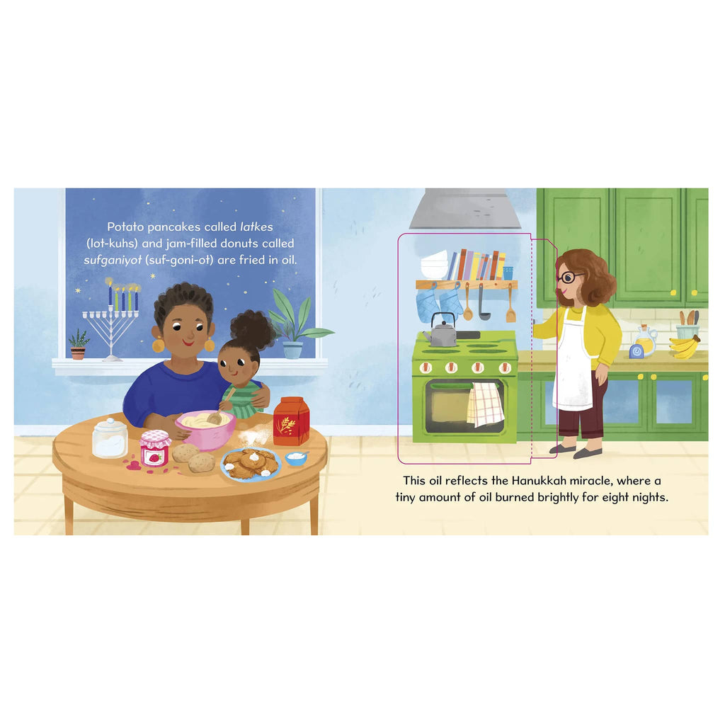 Illustration of a family in a kitchen preparing food, with text about Hanukkah traditions.