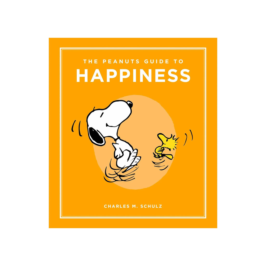 Book cover of 'The Peanuts Guide to Happiness' with Snoopy and Woodstock on an orange background.