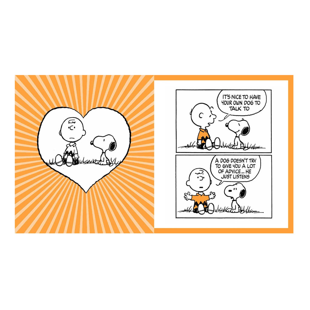 Snoopy and Charlie Brown comic strip with heart design on a white background.