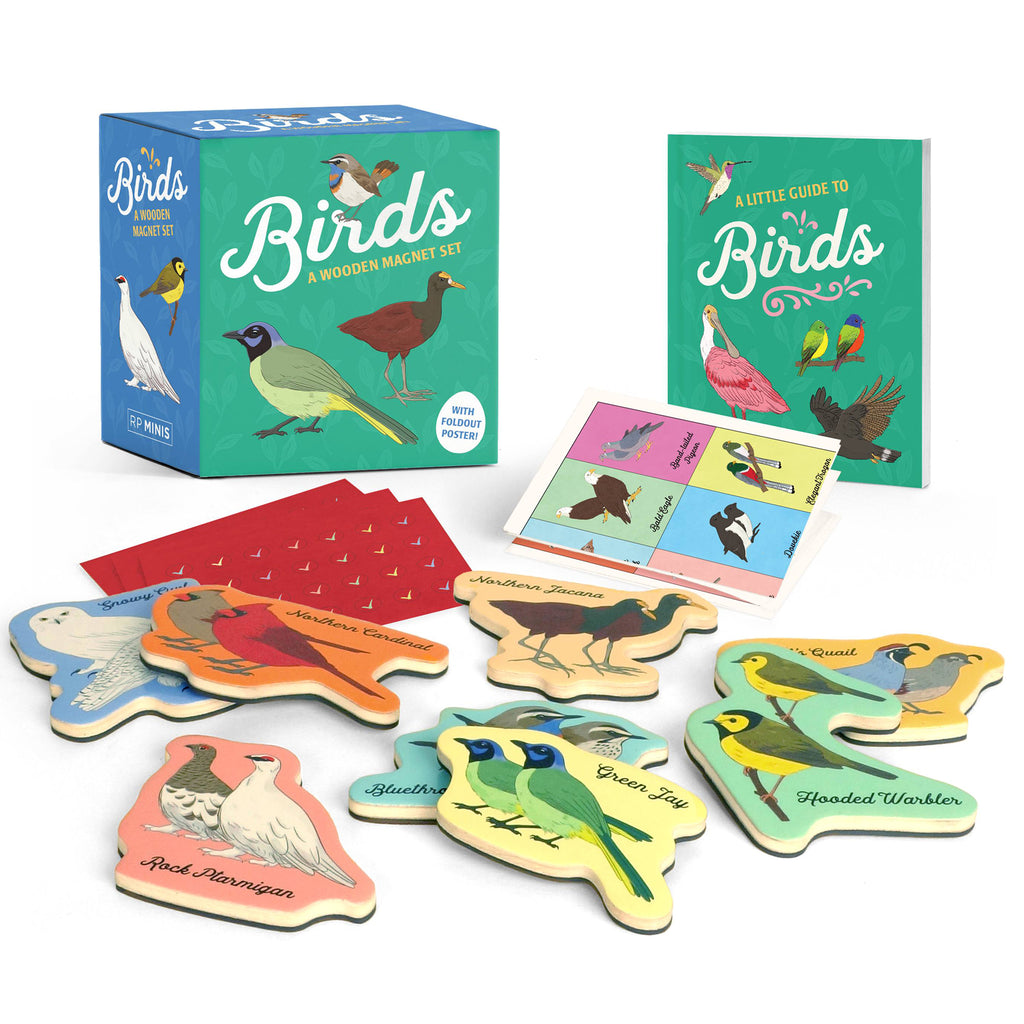 Hachette Running Press Birds: A Wooden Magnet Set with magnets, mini book and box packaging.