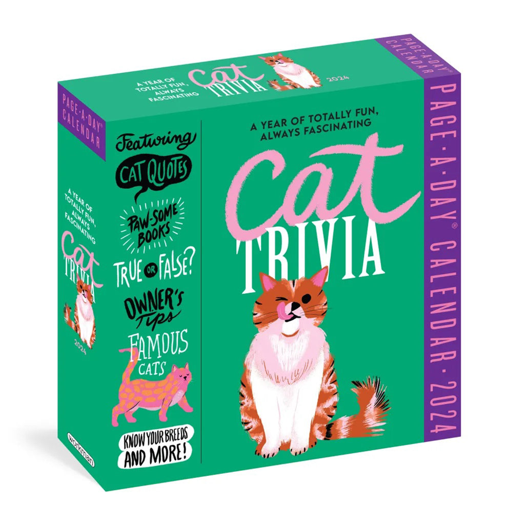 Hachette 2024 Cat Trivia Page-a-Day calendar in green box packaging with illustrations of colorful cats on the front.
