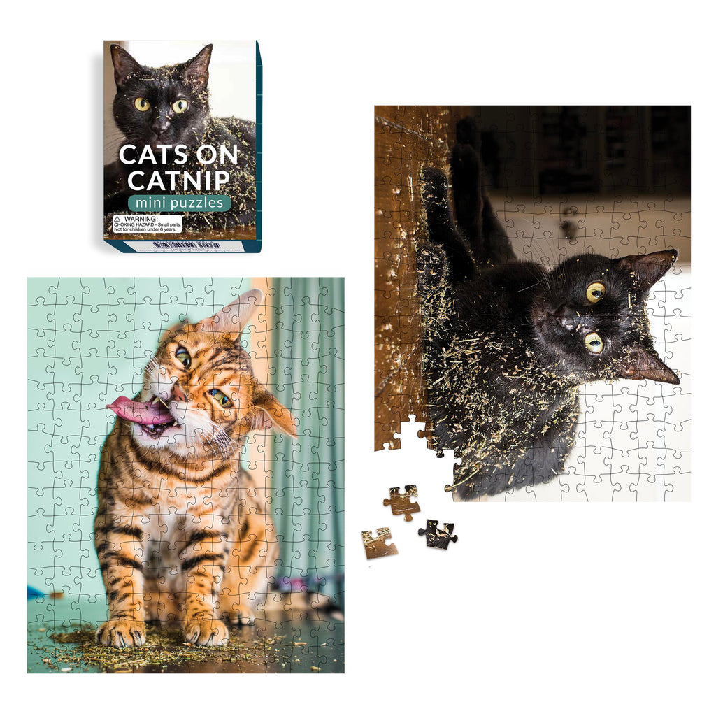 Hachette Cats on Catnip Mini Jigsaw Puzzles, one completed, 1 in progress, with mini box packaging.