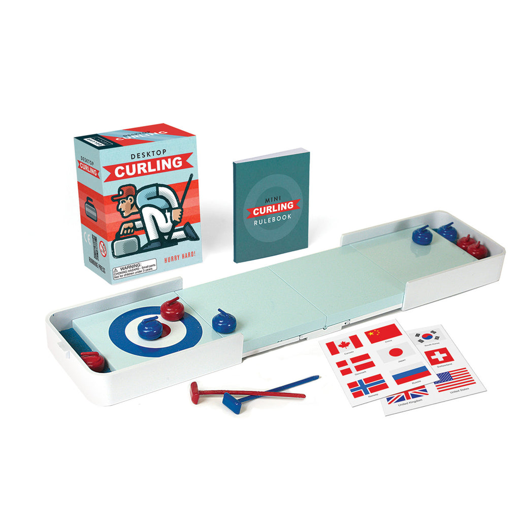 Hachette Desktop Curling Mini Kit with curling court, brooms, curling stones, mini book and box packaging.