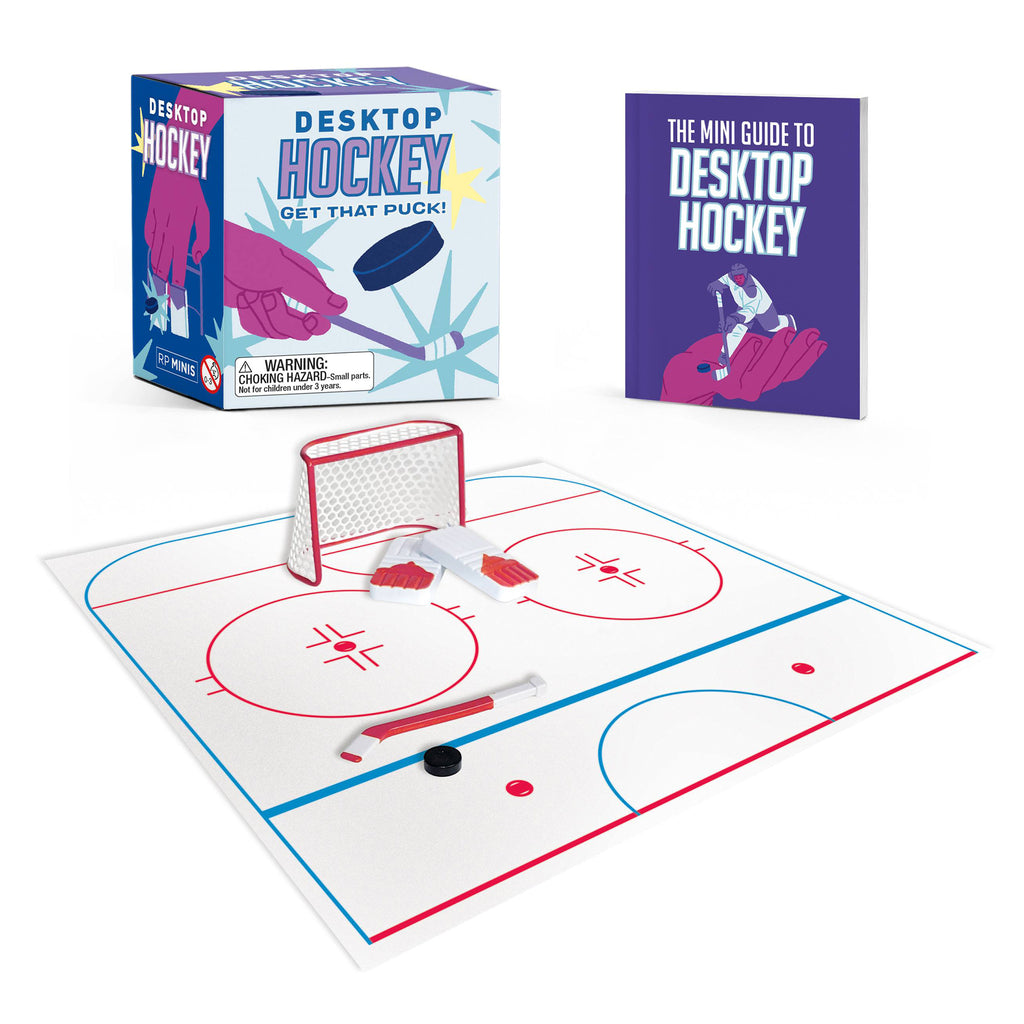Hachette Running Press Desktop Hockey mini kit with mini 1/2 hockey rink, net, gloves, stick and puck, mini guide and box packaging.