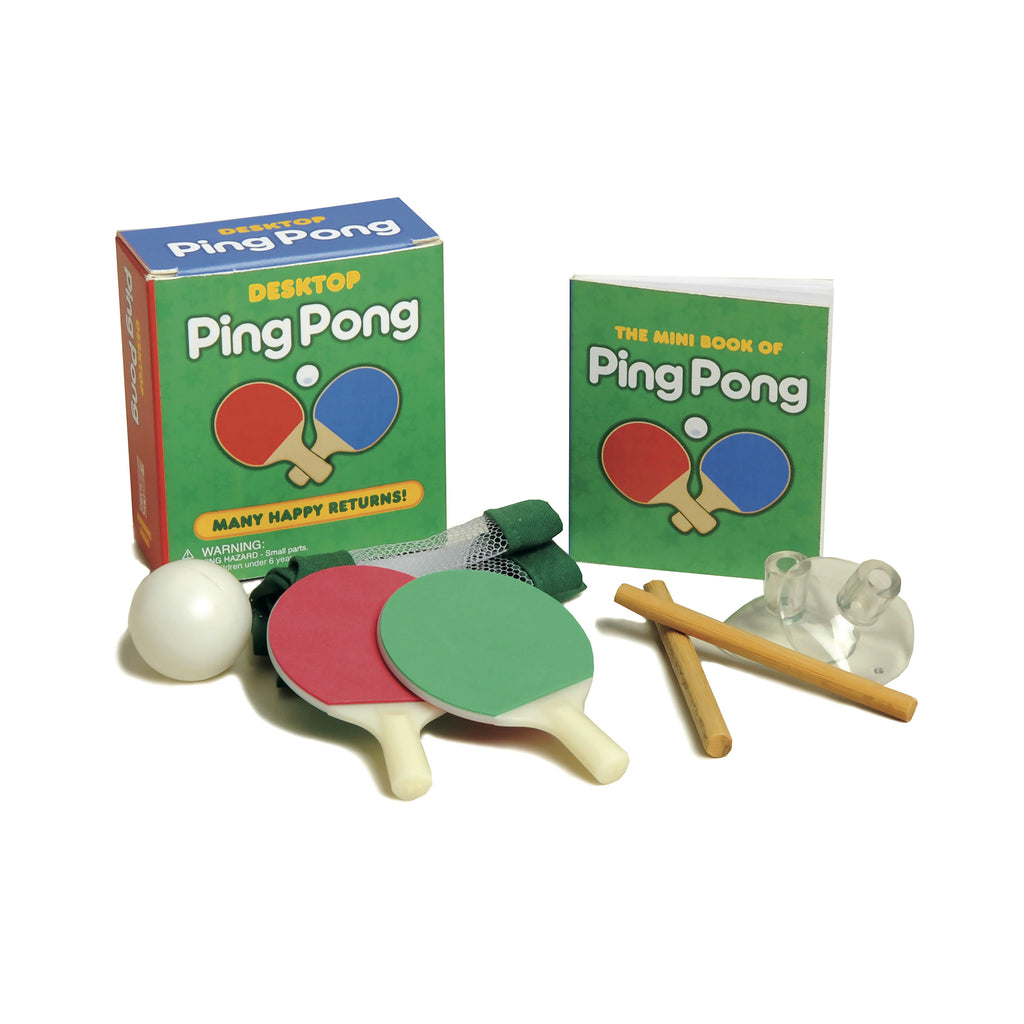 Hachette Desktop Ping Pong mini kit with paddles, ping pong ball, net, suction cups, dowels, mini book and box packaging.