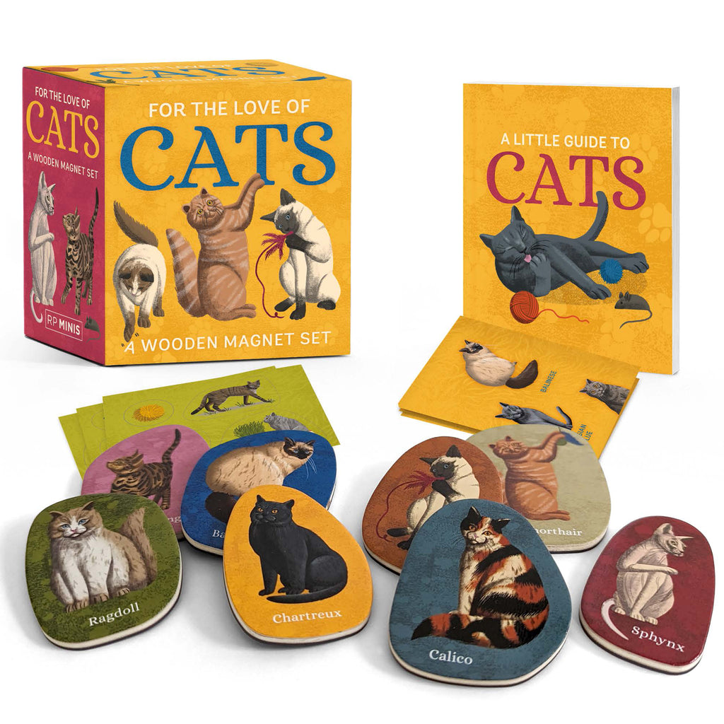 Hachette For the Love of Cats: A wooden magnet set with magnets with pictures of cat breeds, a mini book and box packaging.