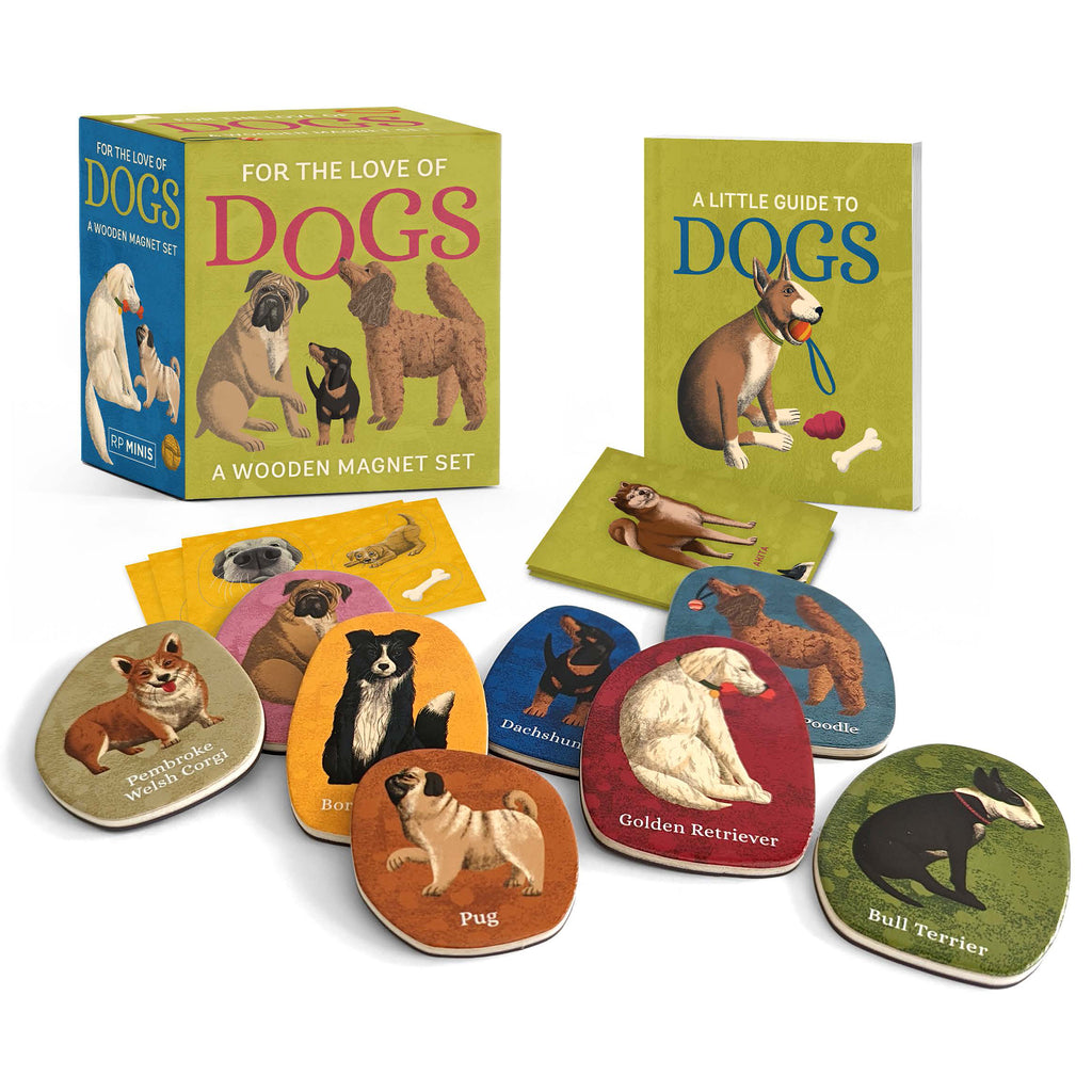 Hachette Running Press For the Love of Dogs: A wooden magnet set mini kit with various dog magnets, a mini book and box packaging.