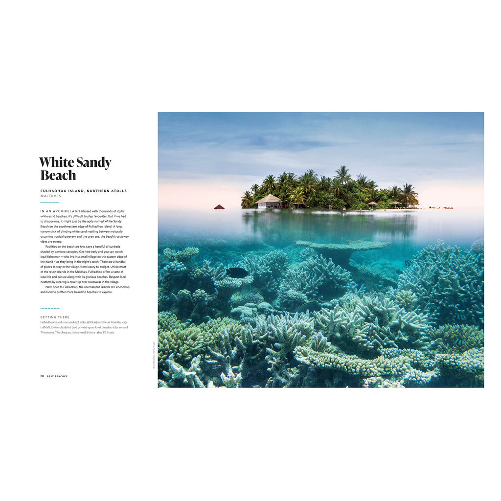 Hachette Lonely Planet Best Beaches: 100 of the World's Most Incredible Beaches hardcover book, Maldives sample page.