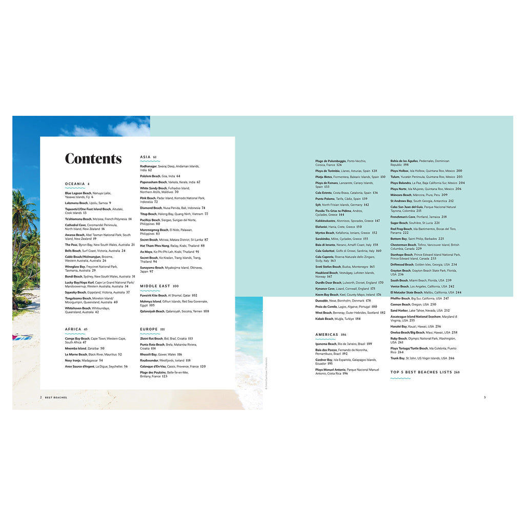 Hachette Lonely Planet Best Beaches: 100 of the World's Most Incredible Beaches hardcover book, table of contents.
