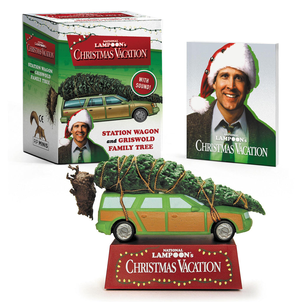 hachette national lampoons christmas vacation station wagon and griswold family tree figurine with mini book and box packaging.