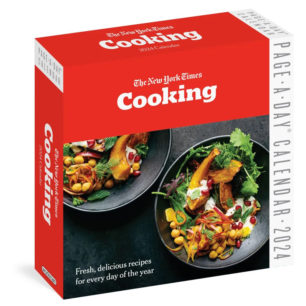 Hachette 2024 The New York Times Cooking page-a-day calendar in red box packaging with photo of sample recipe on the front.
