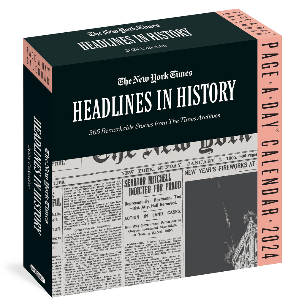 Hachette 2024 The New York Times Headlines in History page-a-day calendar in box packaging, front view with sample front page from January 1, 1905.
