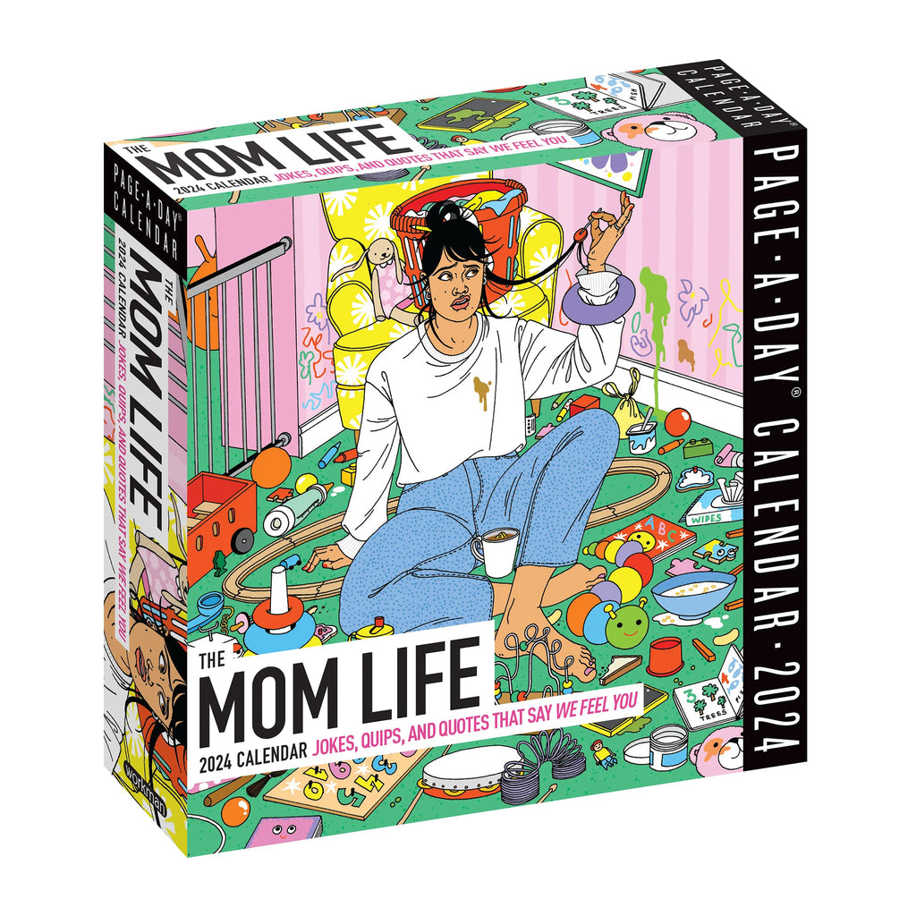 Hachette 2024 The Mom Life page-a-day calendar in box packaging, front view with an illustration of a woman surrounded by kids toys with gum in her hair.