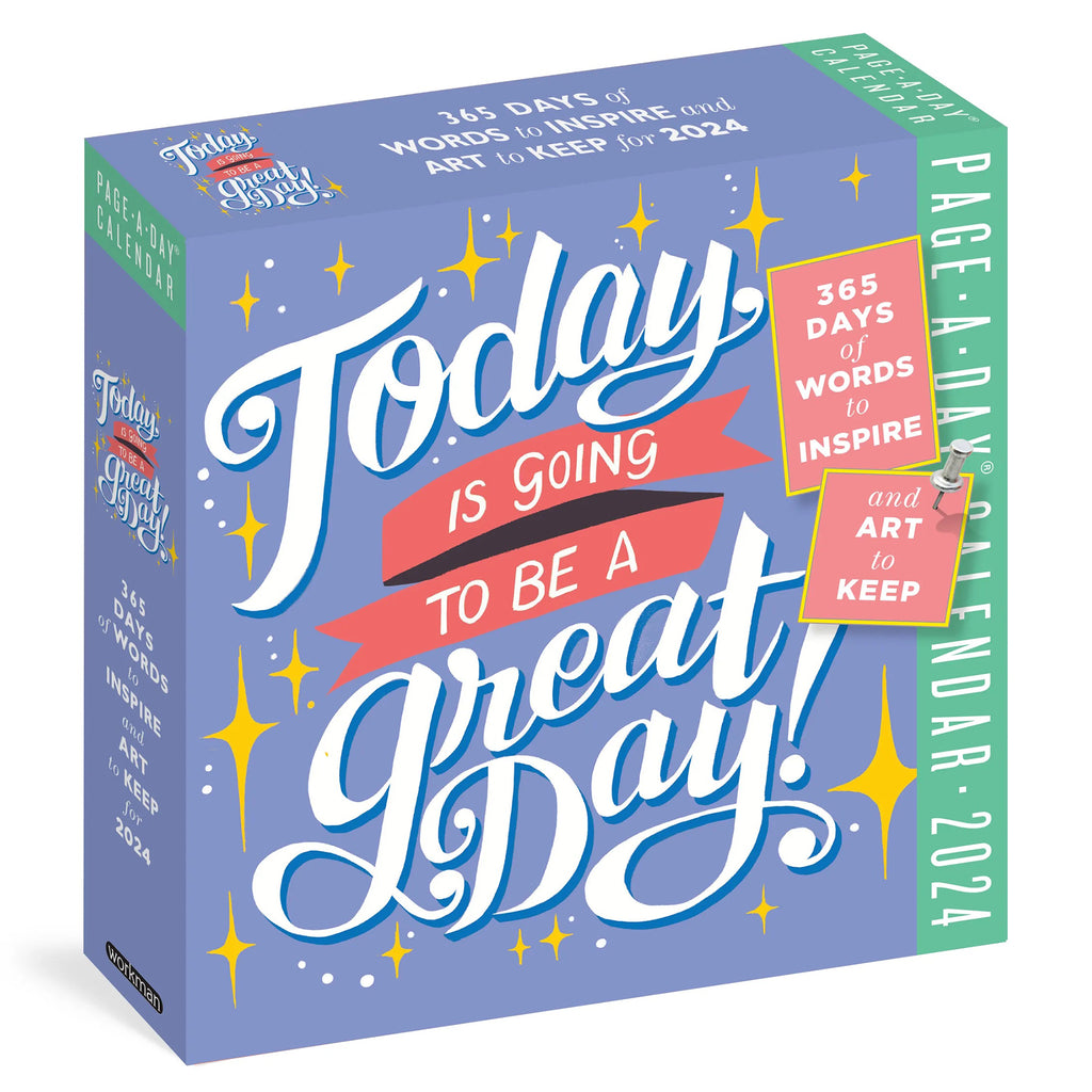 Hachette 2024 Today is Going to be a Great Day page-a-day calendar in blue box packaging, front view.