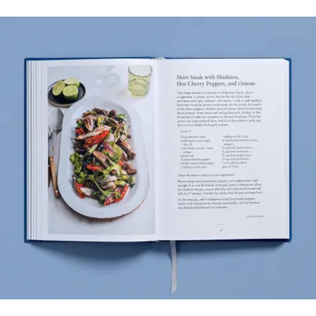 Hachette Why I Cook by Tom Colicchio hardcover book, skirt steak with peppers and onions recipe.