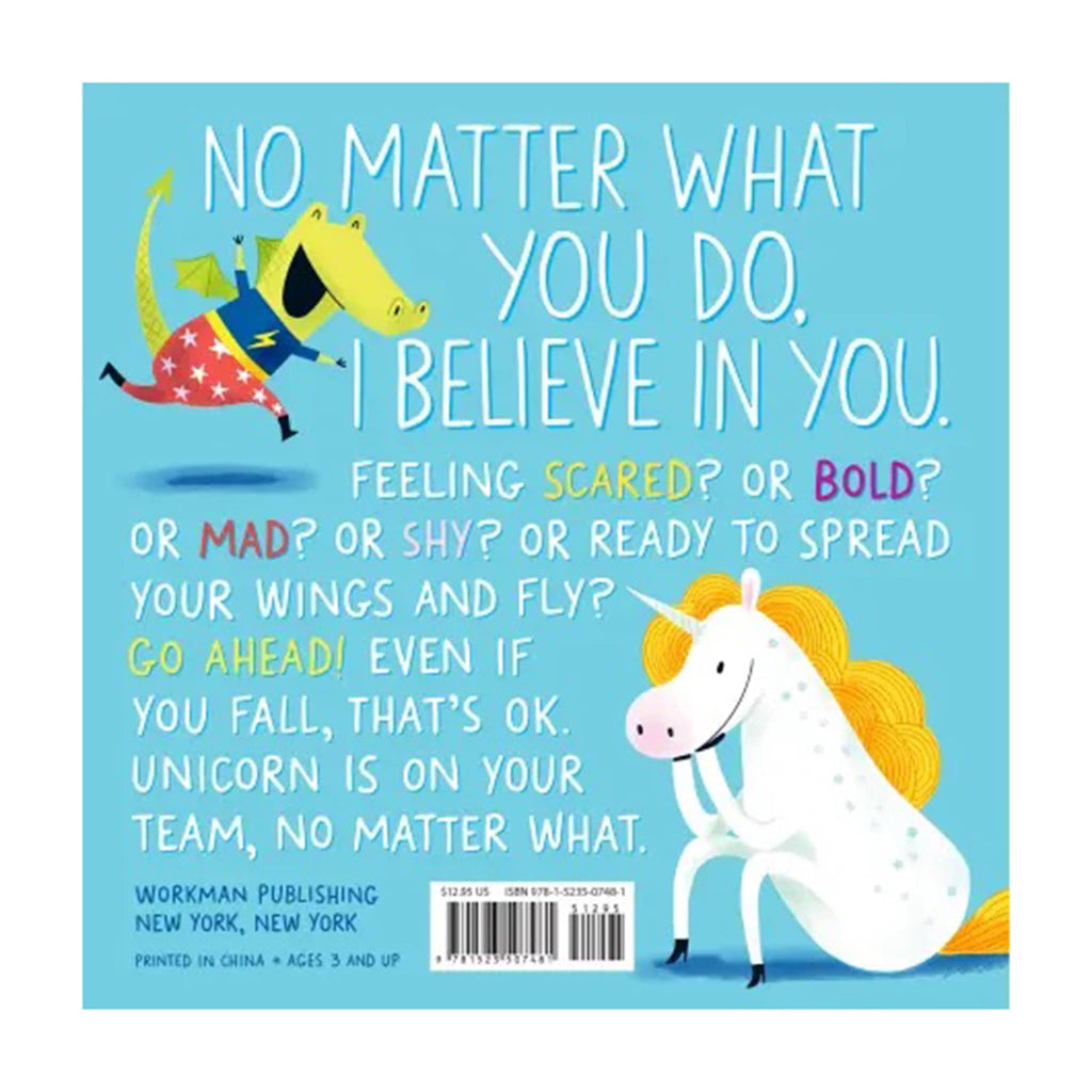 Back cover with a unicorn and motivational text on a white background.