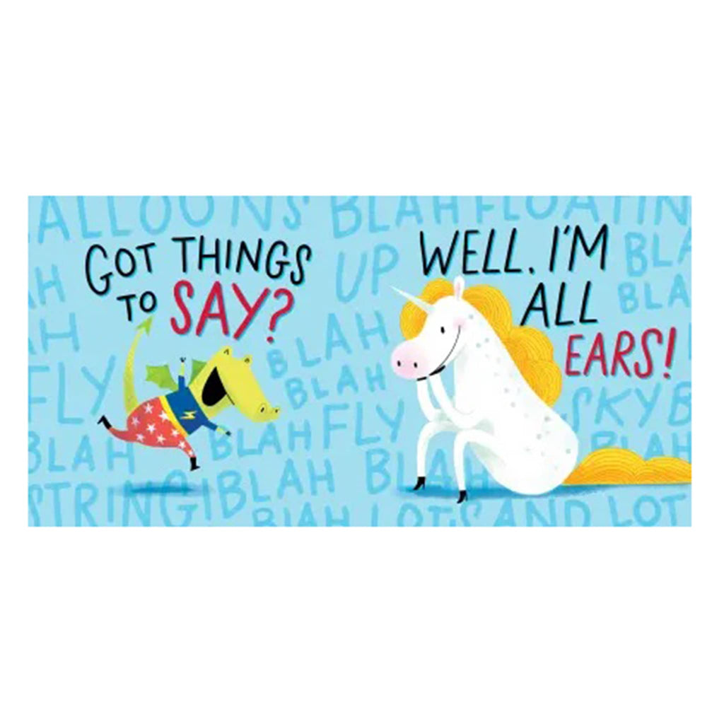 Cartoon dog and unicorn with text on a white background.