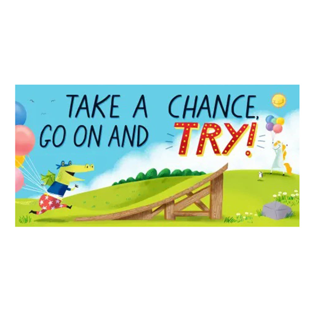 Cartoon character encouraging 'Take a chance, go on and try!' with colorful balloons and a slide on a white background.