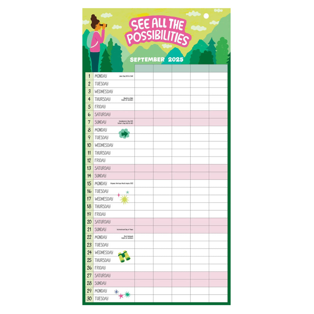 September 2025 calendar with a scenic design and motivational text on a white background.