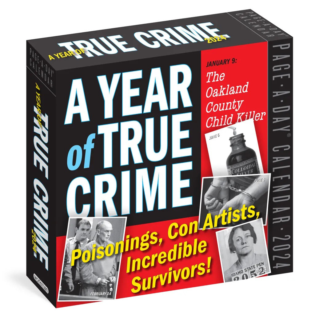 Hachette 2024 A Year of True Crime page-a-day calendar in box packaging, front view with assorted black & white crime photos.