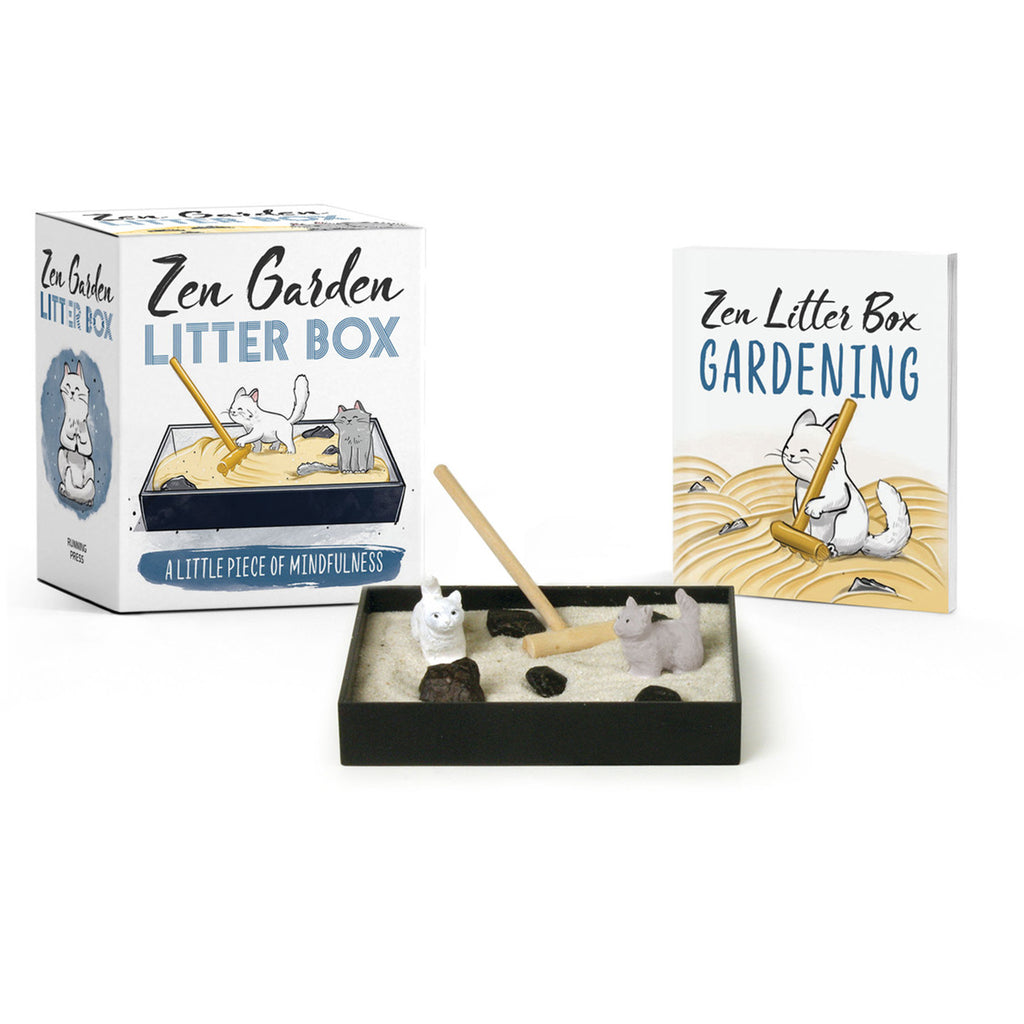 Hachette Zen Garden Litter Box mini kit with mini sandbox, cat figurines, rake, mini book and box packaging.