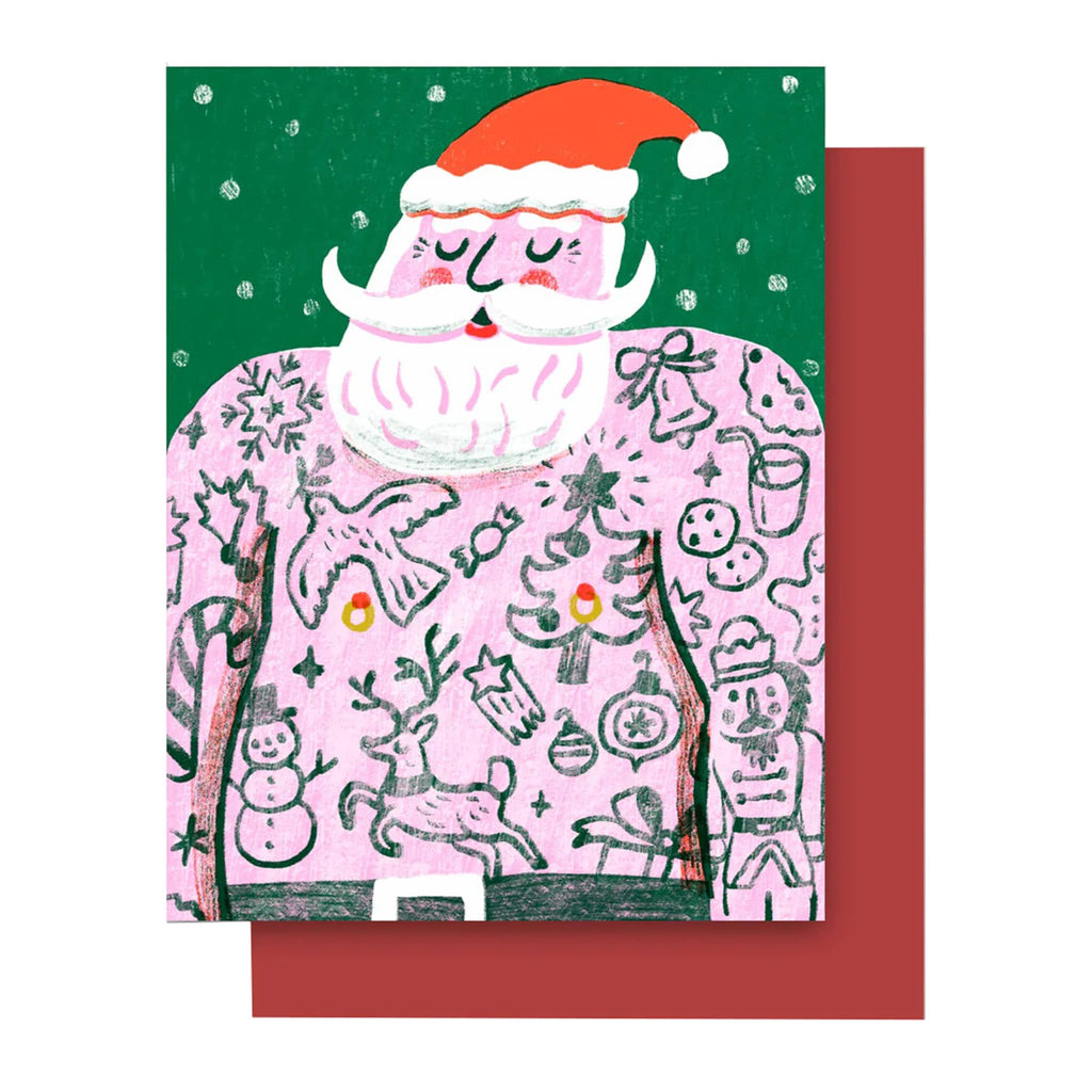 Card with a stylized illustration of Santa Claus with Christmas-themed tattoos on a green background with a red envelope.