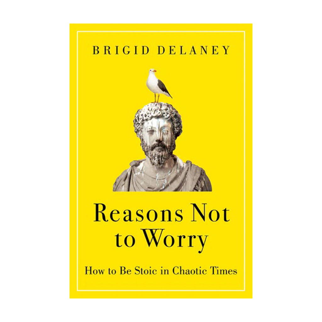 Harper Collins Reasons Not to Worry: How to Be Stoic in Chaotic Times, hardcover book front cover with a seagull standing on an ancient philosophers statue on a yellow backdrop.