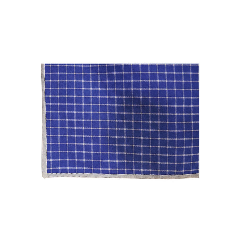 Hazel Mazel blue windowpane pattern cotton tablecloth, folded.