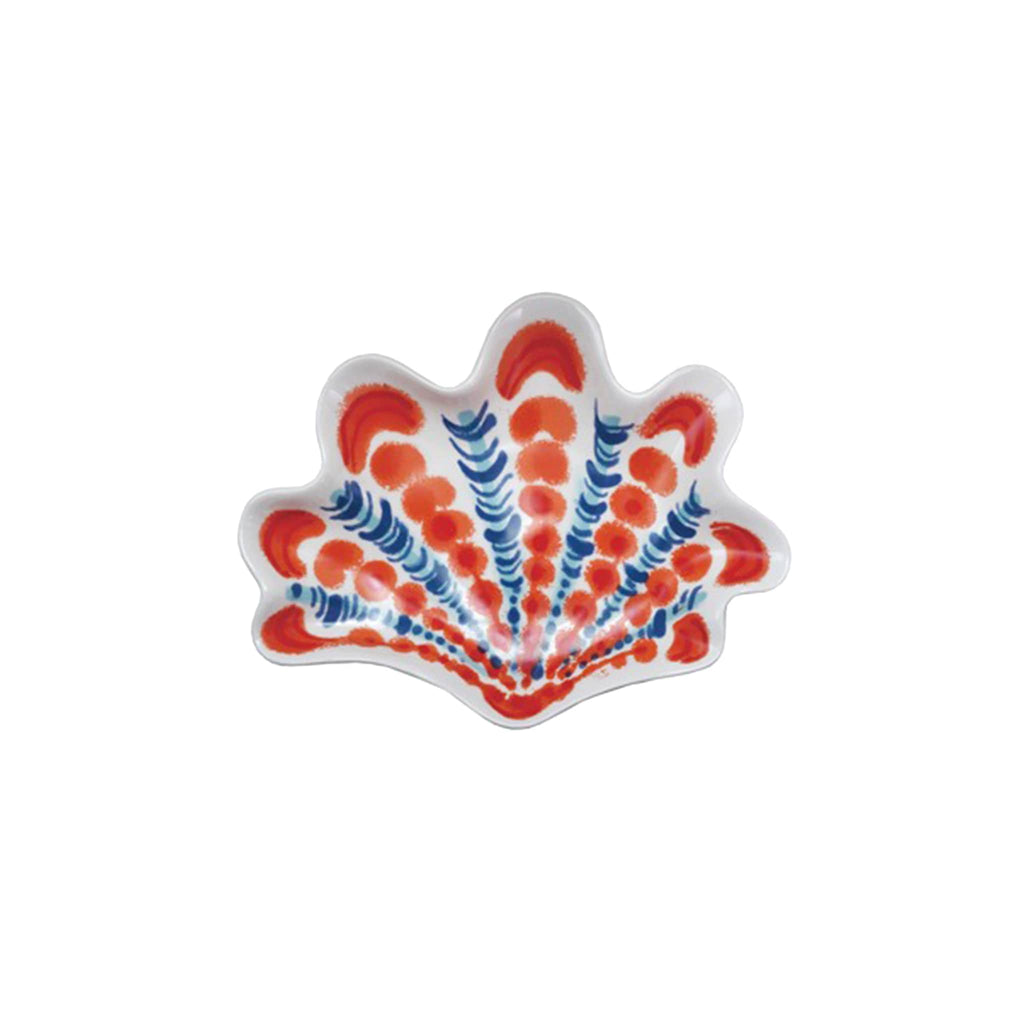 Hazel Mazel blue and red ceramic fan-shaped shell catchall dish, overhead view.