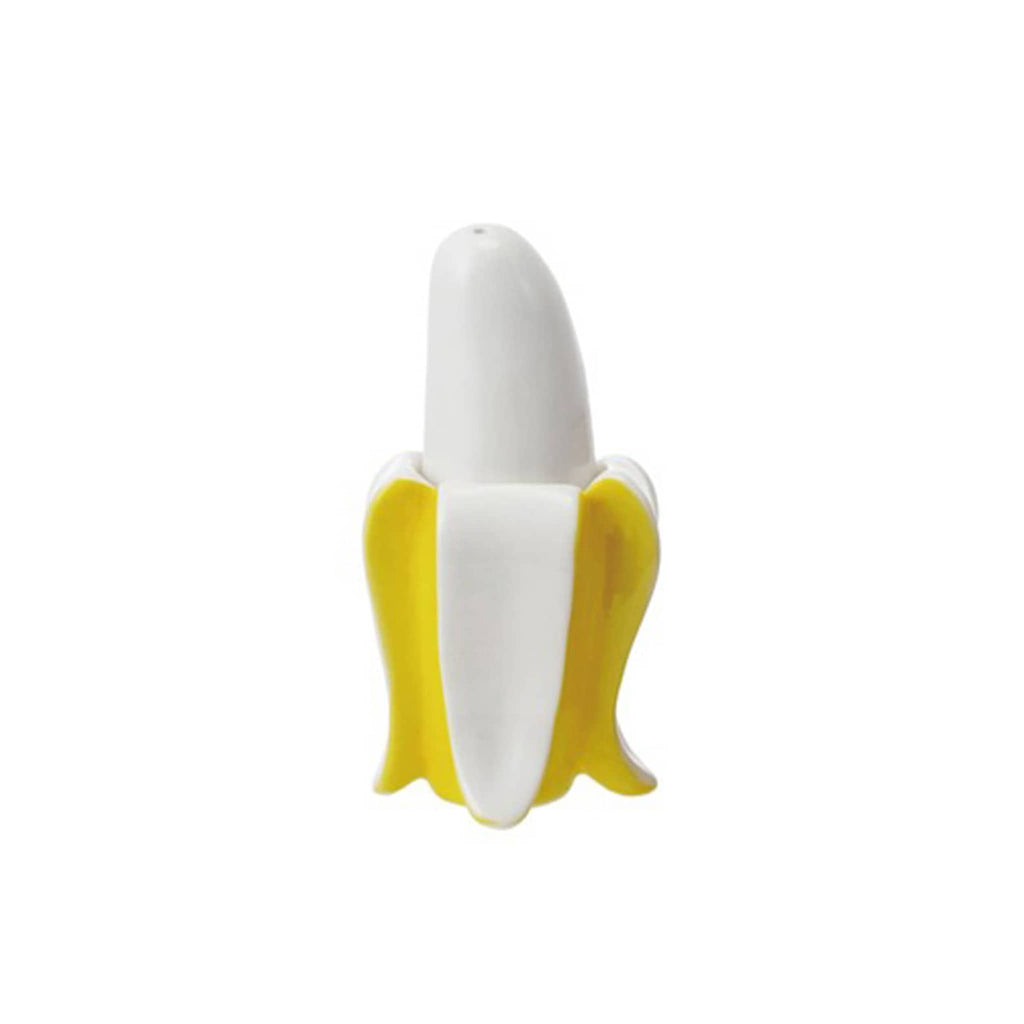 White and yellow banana-shaped stacked salt and pepper shakers on a white background.