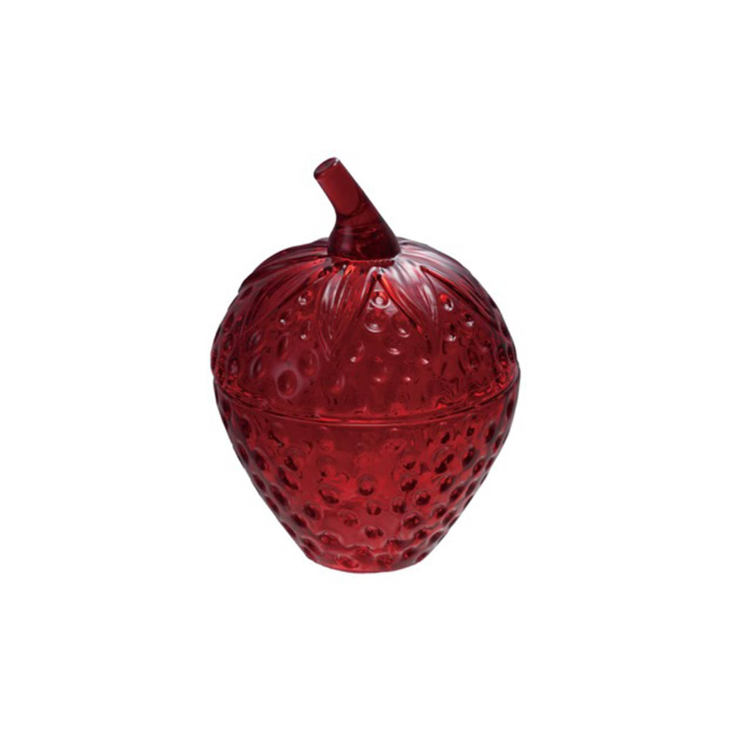 Hazel Mazel strawberry-shaped red glass jar with lid, front view.