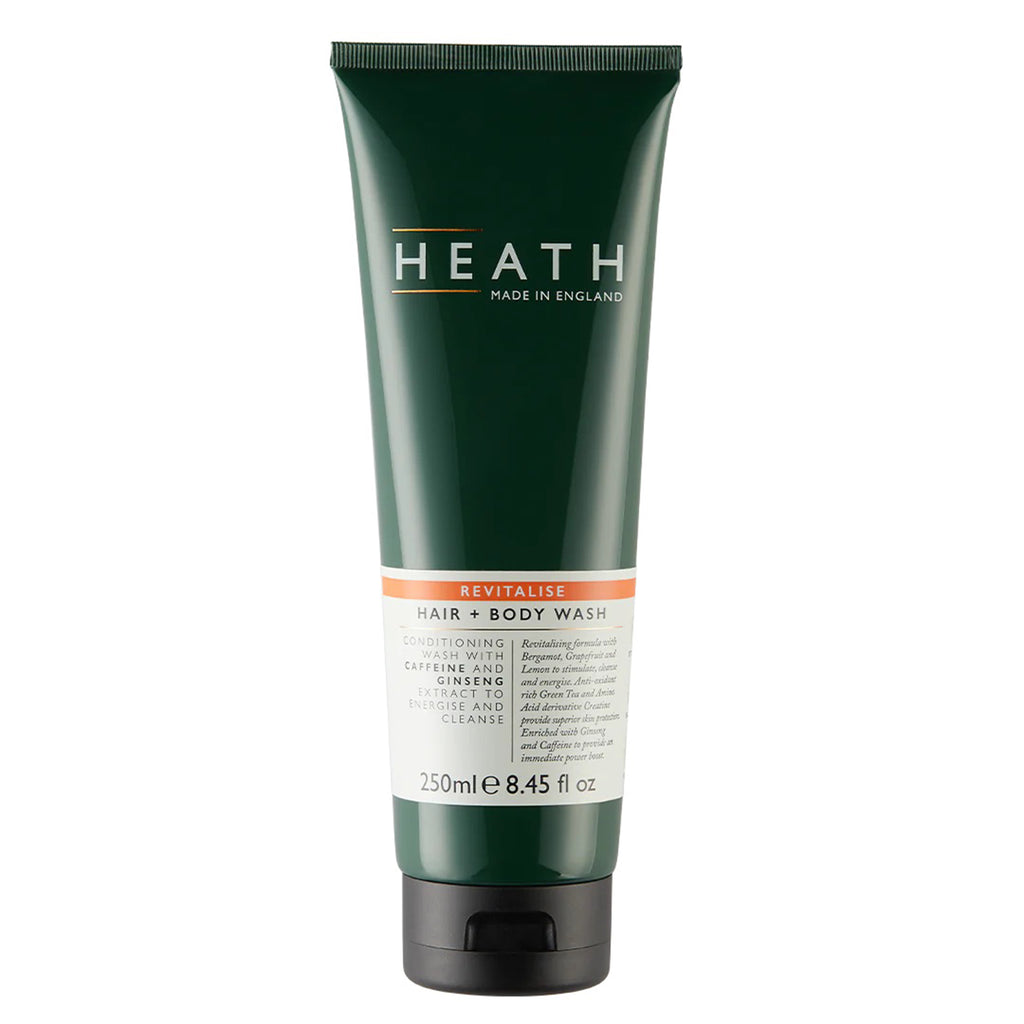 Heath Revitalise Hair + Body Wash for men in 8.45 fluid ounce dark green tube