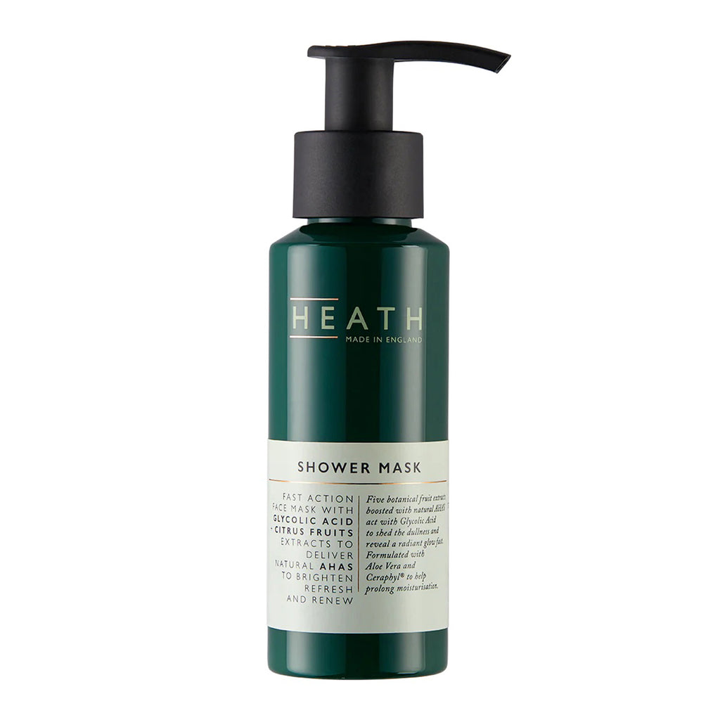 Heath Shower Face Mask in dark green pump bottle.