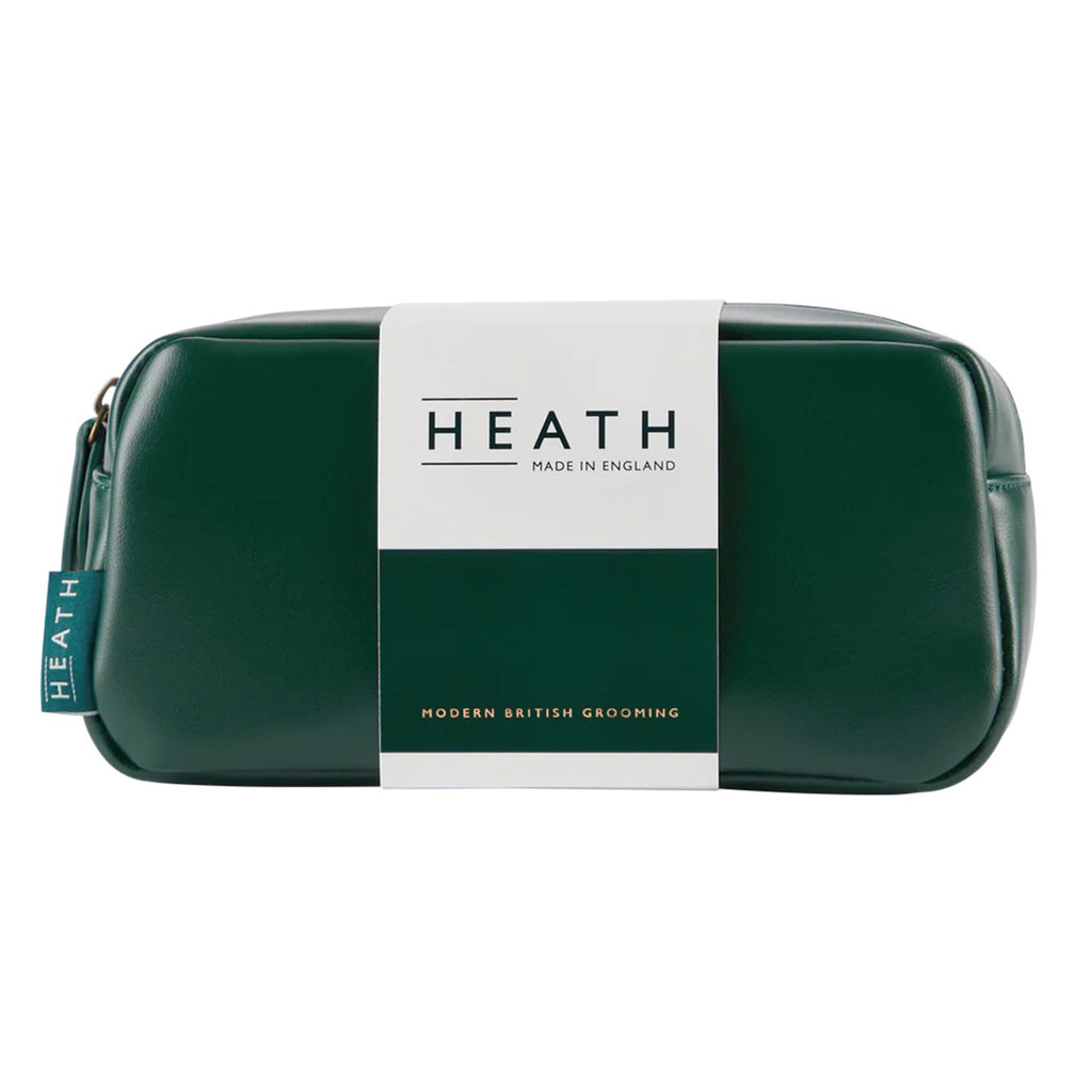 Heath dark green vegan leather wash bag/toiletries bag/dopp kit, front view.