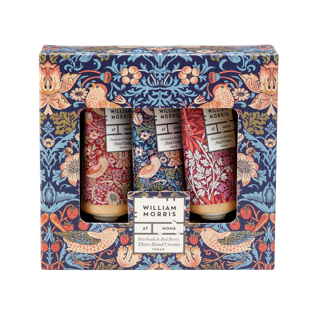 Heathcote & Ivory William Morris At Home Patchouli & Red Berry Scented Travel Size Hand Cream, set of 3 in box packaging with the Strawberry Thief design.