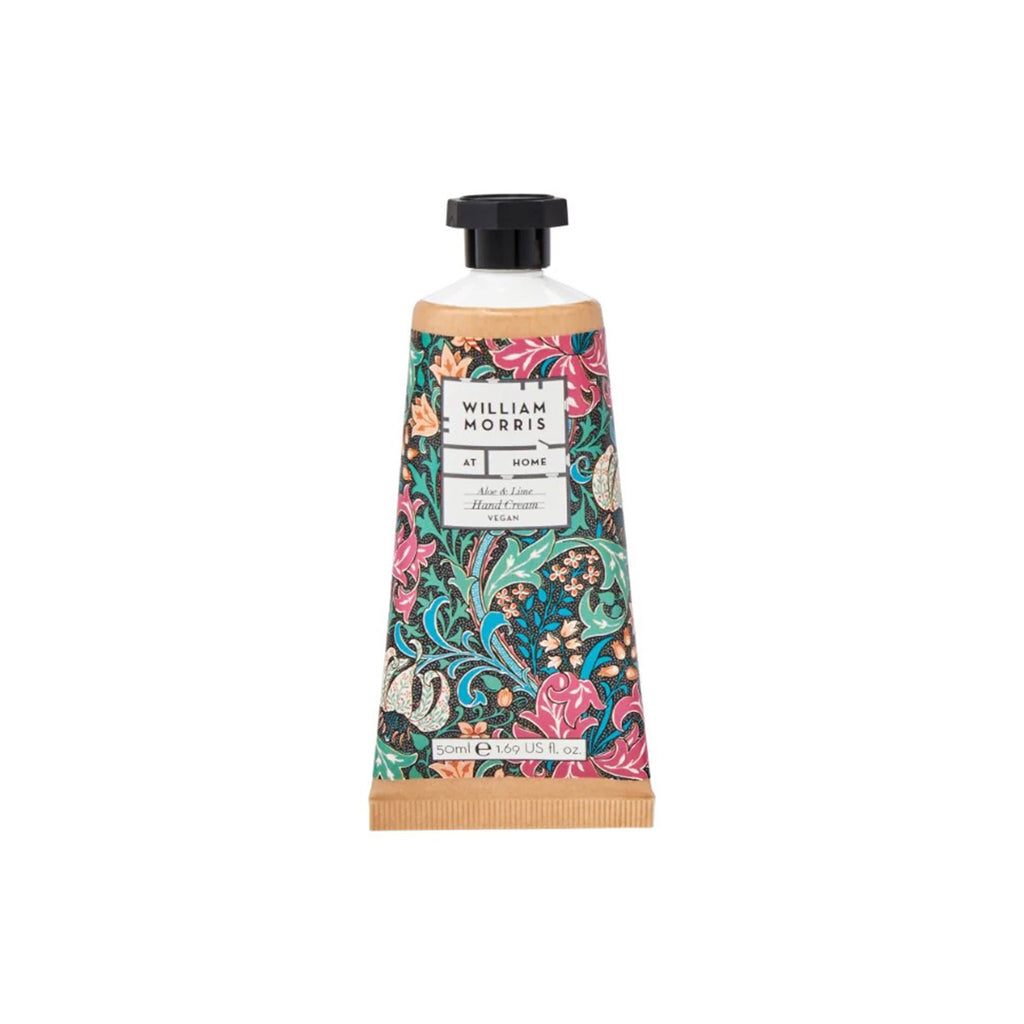 Heathcote & Ivory William Morris At Home Aloe & Lime Hand Cream in 1.69 oz tube with Golden Lily Dark print.