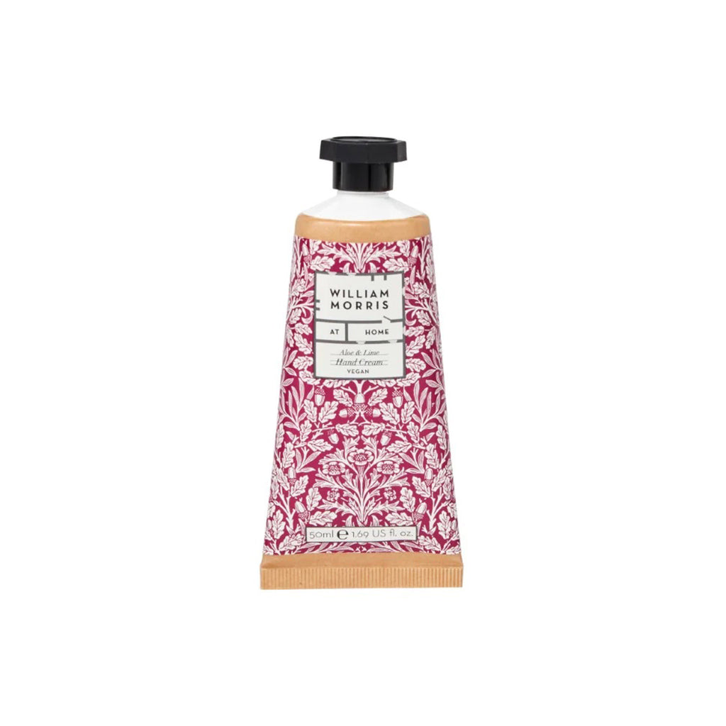 Heathcote & Ivory William Morris At Home Aloe & Lime Hand Cream in 1.69 oz tube with Acorn print in dark pink and white.