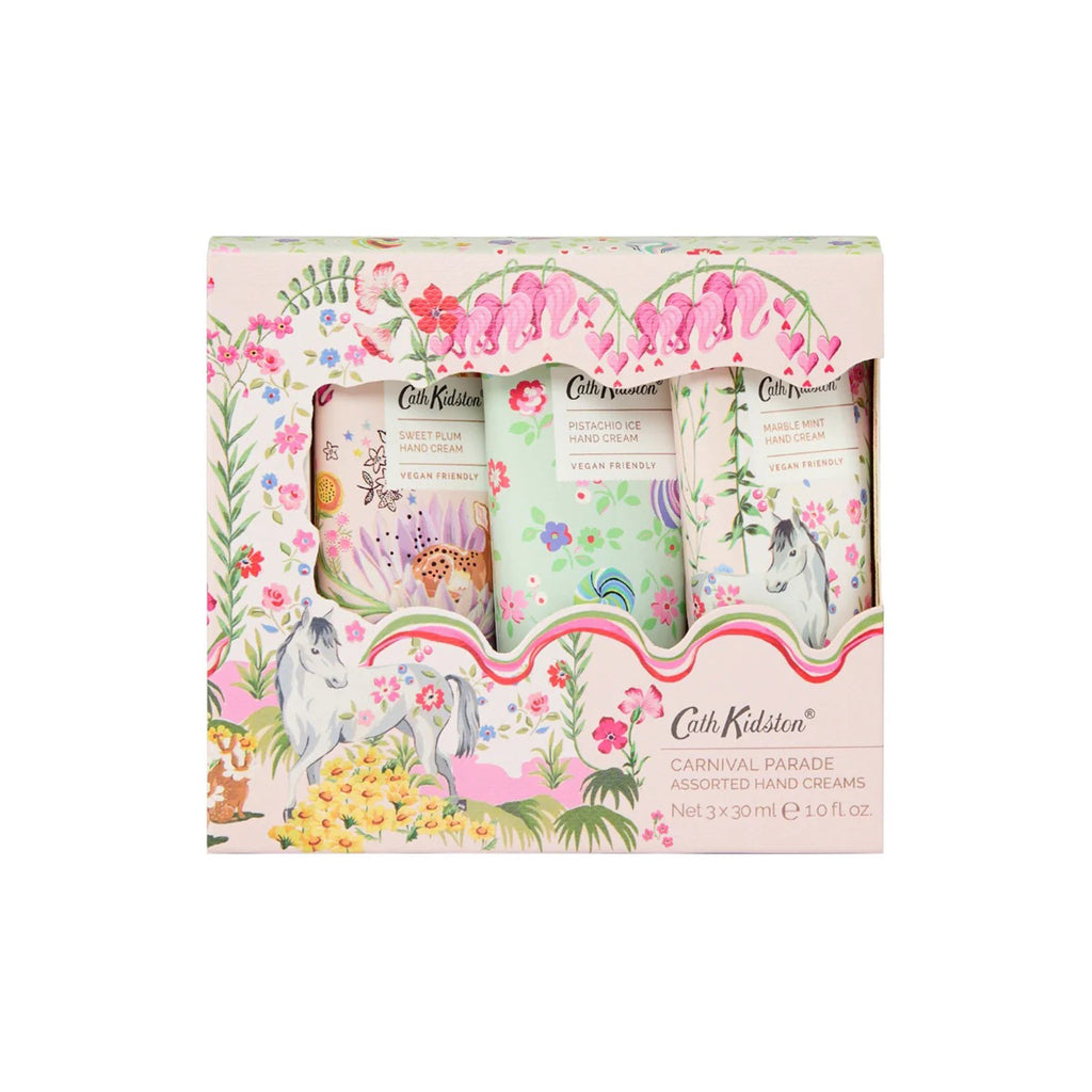 Heathcote & Ivory Cath Kidston Carnival Parade Hand Cream Trio in pink floral box packaging.