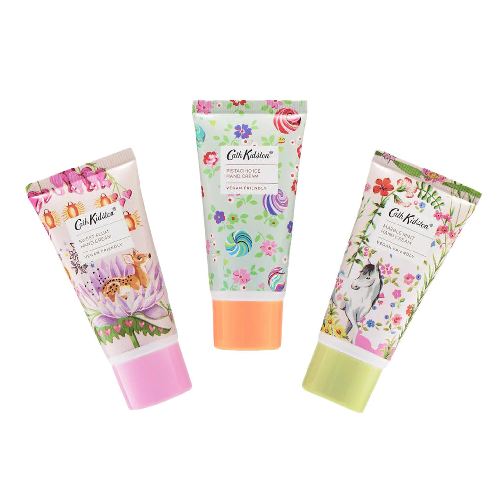 Heathcote & Ivory Cath Kidston Carnival Parade Hand Cream Trio in floral print tubes with a pink, an orange and a green cap.