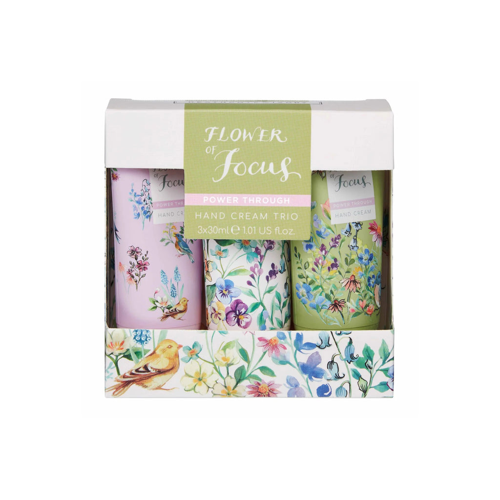 Heathcote & Ivory Flower of Focus Power Through Hand Cream Trio in floral box packaging.