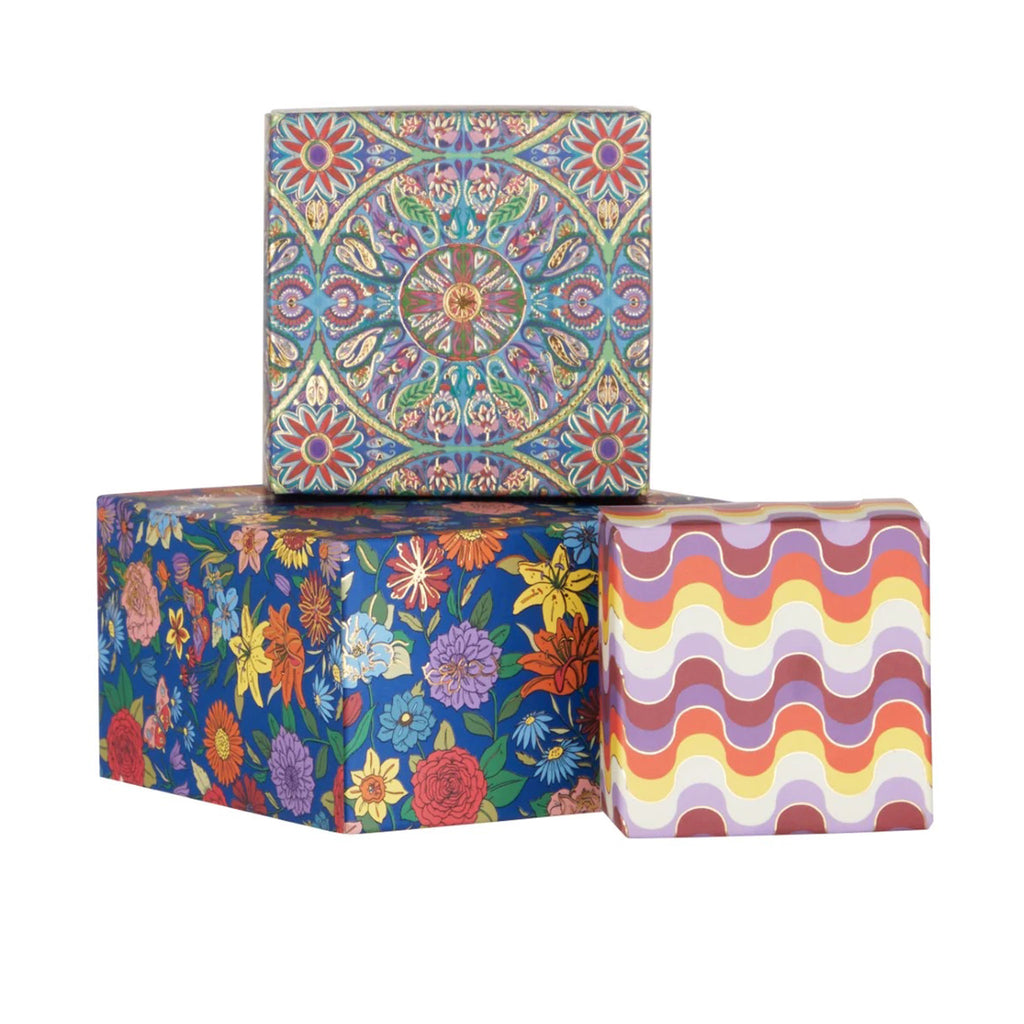 Heathcote & Ivory Love Revival Love Stack gift set with 3 colorful 70s inspired print boxes.