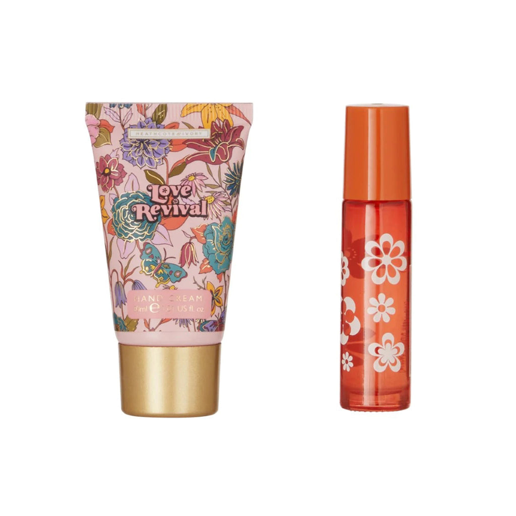 Heathcote & Ivory Love Revival Hippie Flower Calming Hand Cream and Pulse Point Oil gift set, contents shown side by side.