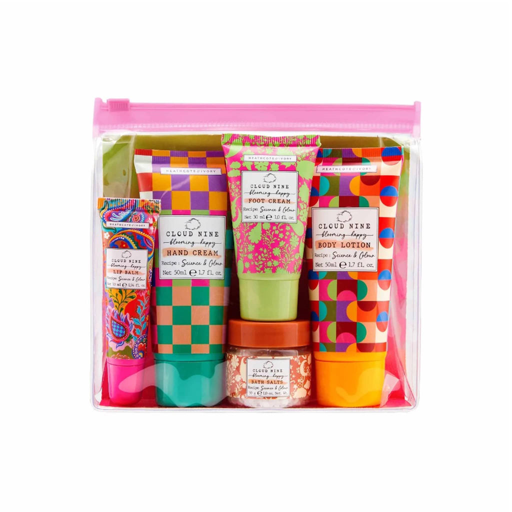 Heathcote & Ivory Cloud Nine Blooming Happy Top to Toe beauty kit in clear zip pouch packaging, front view.