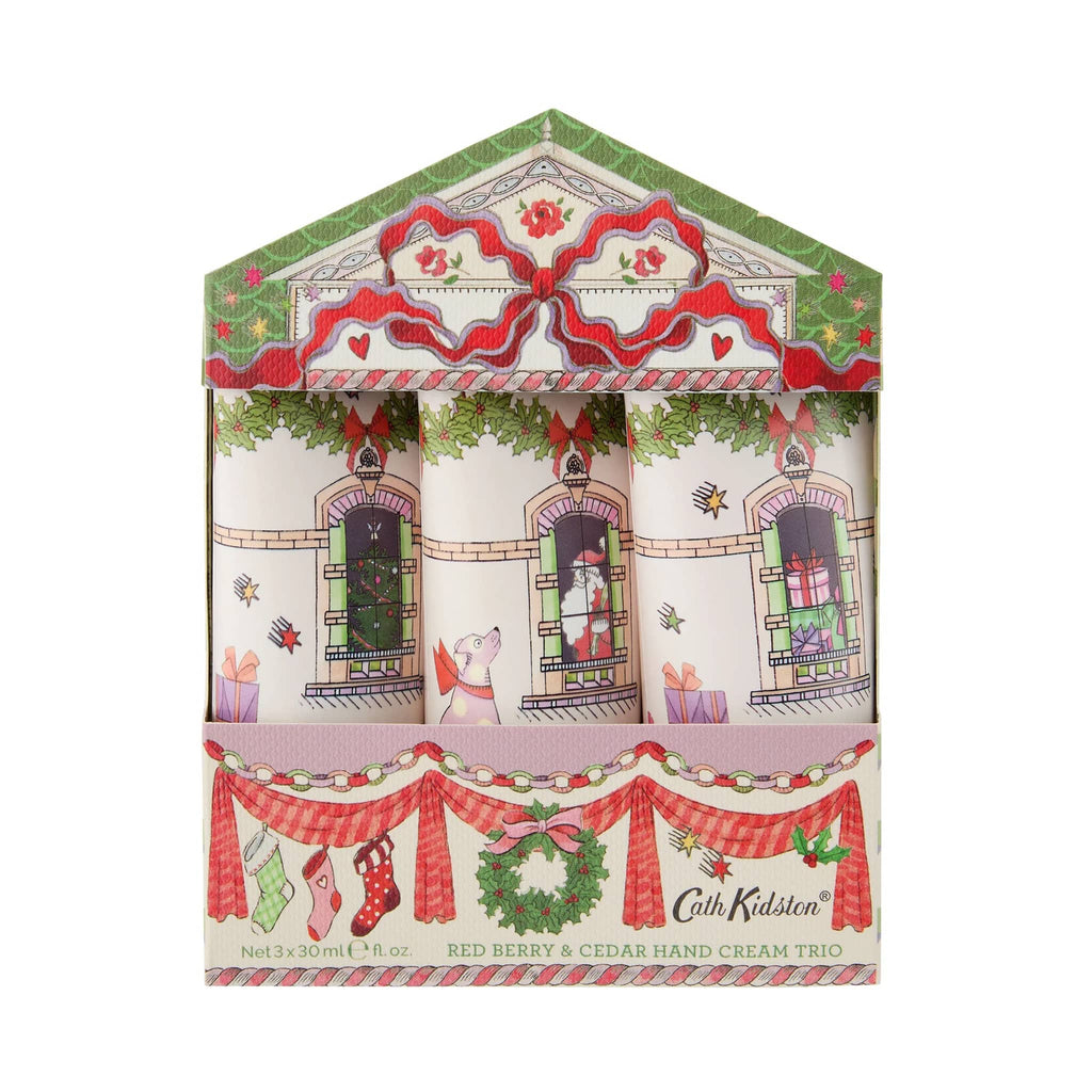 Heathcote & Ivory Cath Kidston Red Berry & Cedar Hand Cream Trio in box packaging, front view.